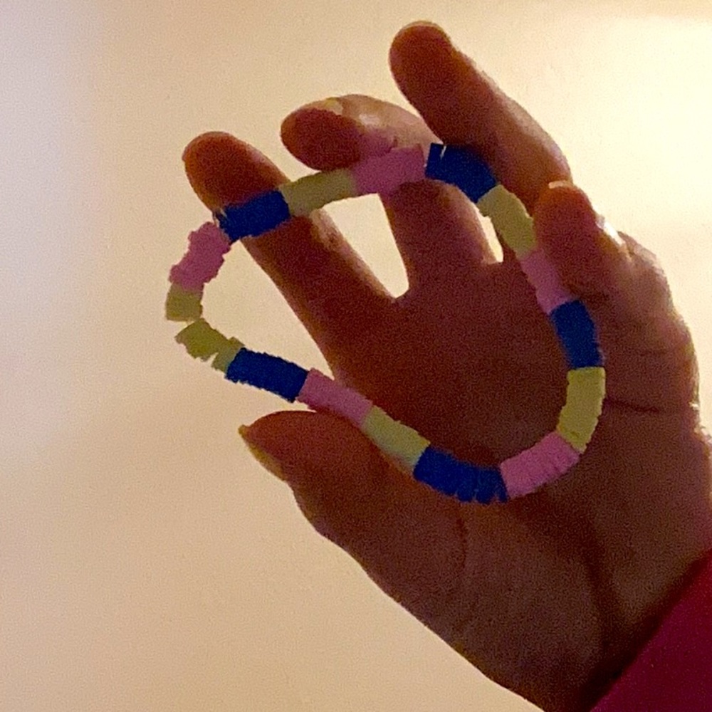 Clay, bead bracelet, blue, yellow, and pink